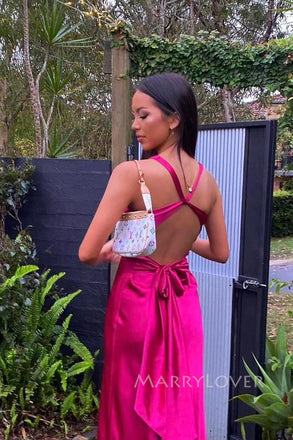 Red Satin Mermaid V-neck Backless Long Evening Prom Dresses, MR0177