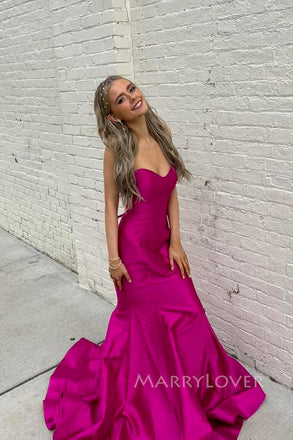 Formal Pink Satin Sweetheart Long Evening Prom Dresses, Mermaid Prom Dress, MR0179