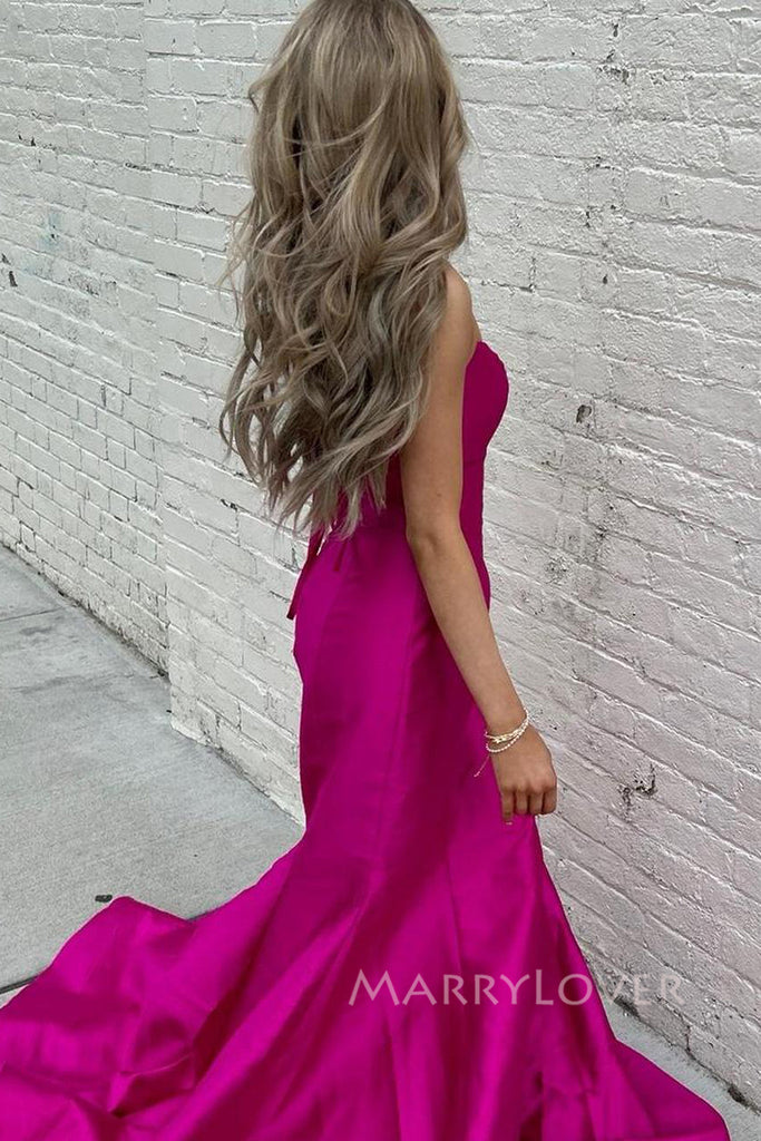 Formal Pink Satin Sweetheart Long Evening Prom Dresses, Mermaid Prom Dress, MR0179