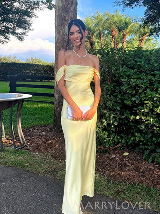 Yellow Satin Gorgeous Off Shoulder Long Evening Prom Dresses, MR0184