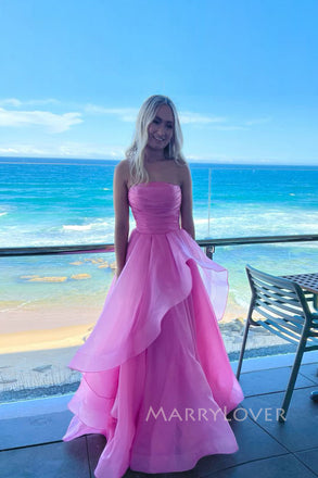 Lovely Hot Pink Organza Strapless A-line Long Evening Prom Dresses, MR0186