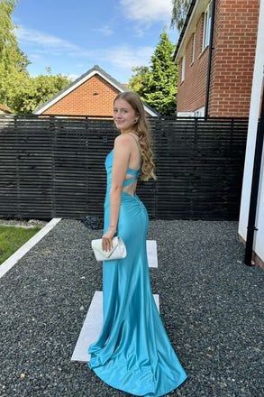 Mermaid Spaghetti Straps Backless Blue Long Evening Prom Dresses, MR0189