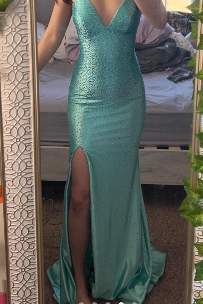 V-neck Green Sparkly Mermaid Long Evening Prom Dresses, MR0199