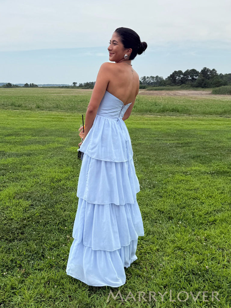 Strapless Blue Chiffon A-line Long Simple Evening Prom Dresses, MR0214