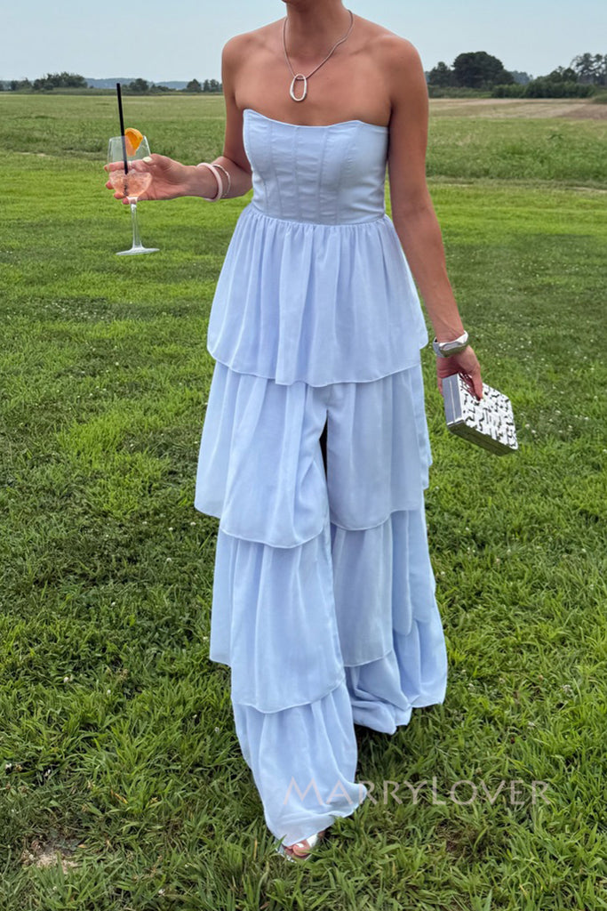 Strapless Blue Chiffon A-line Long Simple Evening Prom Dresses, MR0214