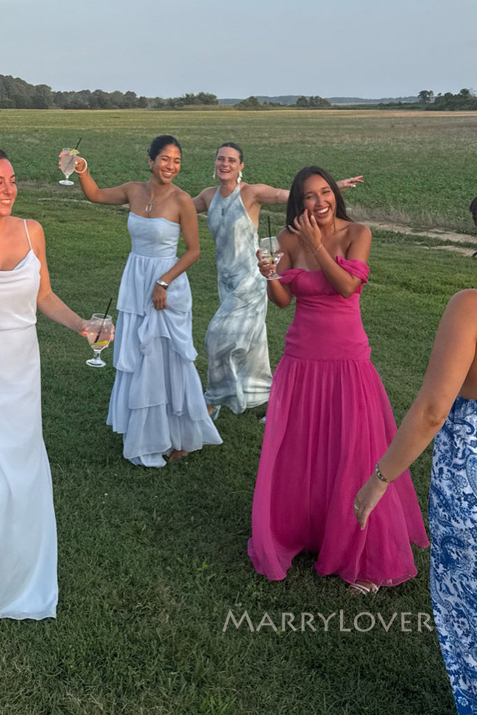 Strapless Blue Chiffon A-line Long Simple Evening Prom Dresses, MR0214