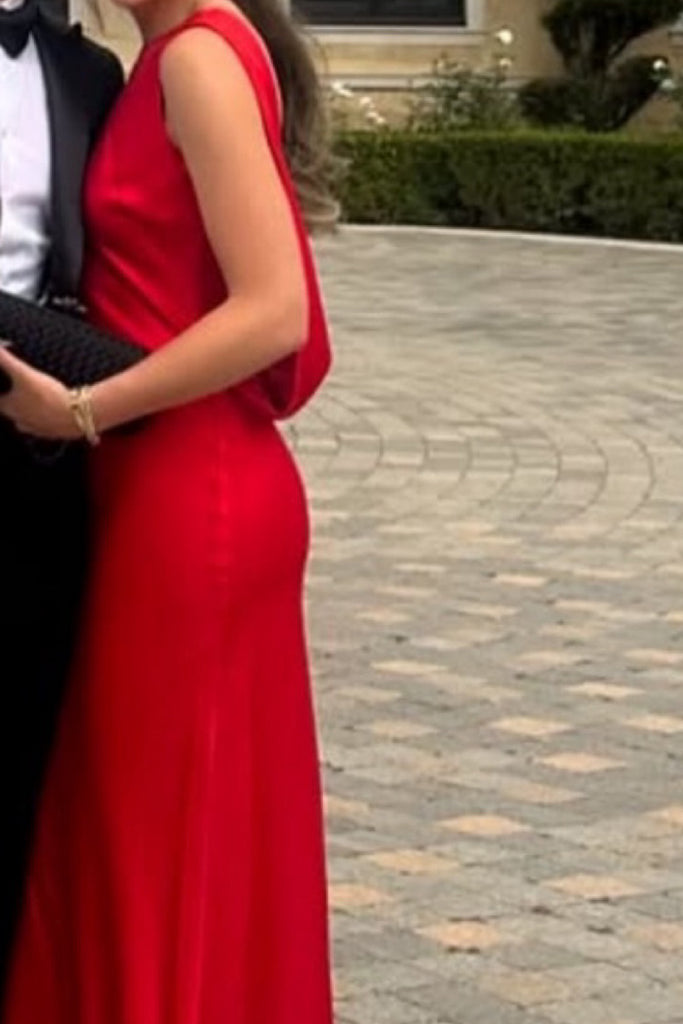 Red Satin Backless Mermaid Long Evening Prom Dresses, MR0216