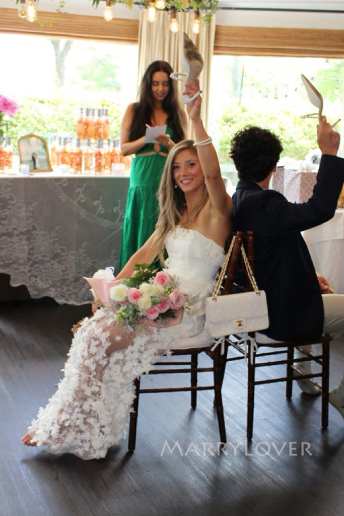 Gorgeous White Tulle Strapless Long Evening Prom Dresses, Appliques Wedding Dress, MR0218