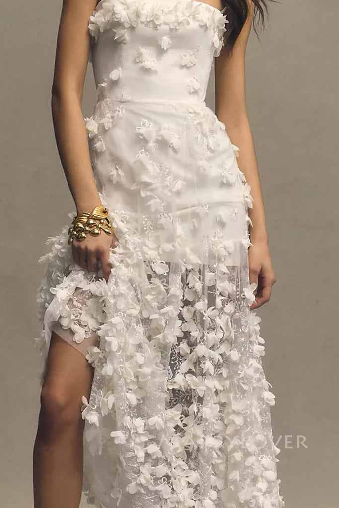 Gorgeous White Tulle Strapless Long Evening Prom Dresses, Appliques Wedding Dress, MR0218