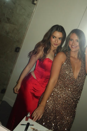 Two-pieces Strapless Red Satin Mermaid Long Evening Prom Dresses, MR0222