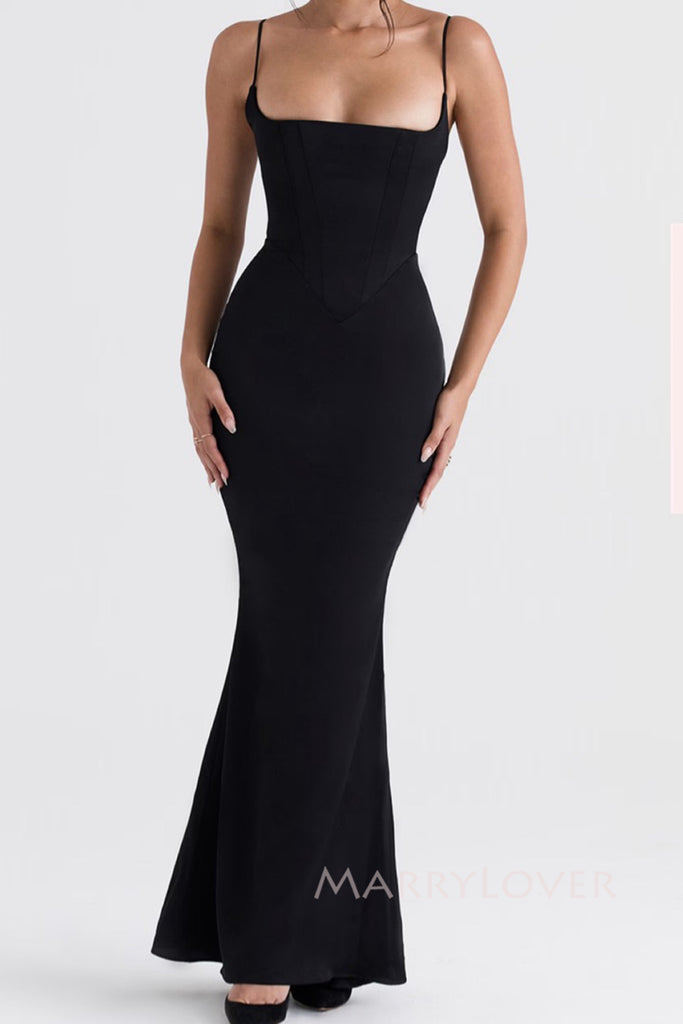 Gorgeous Black Satin Mermaid Spaghetti Straps Long Evening Prom Dresses, MR0224