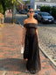 Off Shoulder Black Chiffon A-line Long Simple Evening Prom Dresses, MR0229