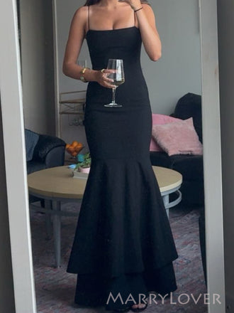 Elegant Spaghetti Straps Mermaid Black Long Evening Prom Dresses, MR0233