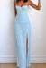 Unique Spaghetti Straps Blue Long Evening Prom Dresses Side Slit, MR0241
