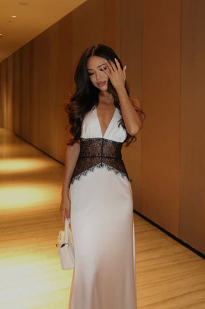 Sexy Backless White Black Lace Long Evening Prom Dresses, Deep V-neck Prom Dress, MR0244