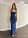 Navy Blue Jersey Mermaid Spaghetti Straps Long Evening Prom Dresses, MR0247