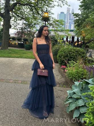Floor-length Navy Blue Tulle A-line Long Evening Prom Dresses, Spaghetti Straps Prom Dress, MR0248
