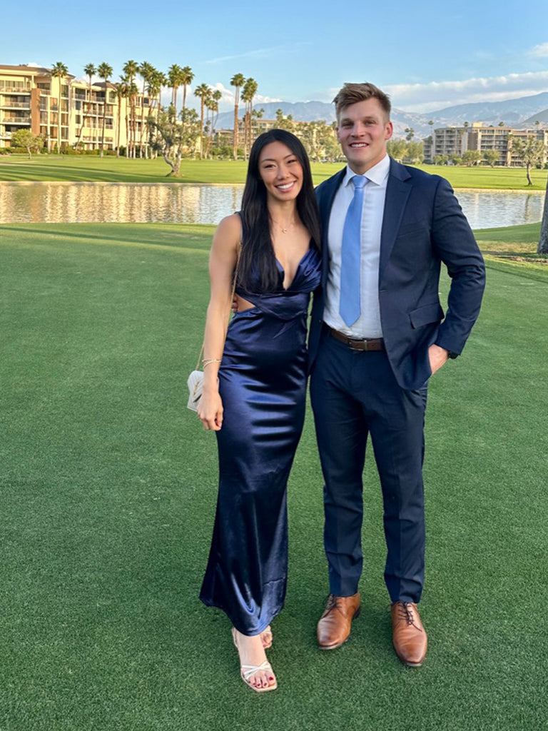 Deep V-neck Navy Blue Satin Mermaid Long Evening Prom Dresses, MR0249