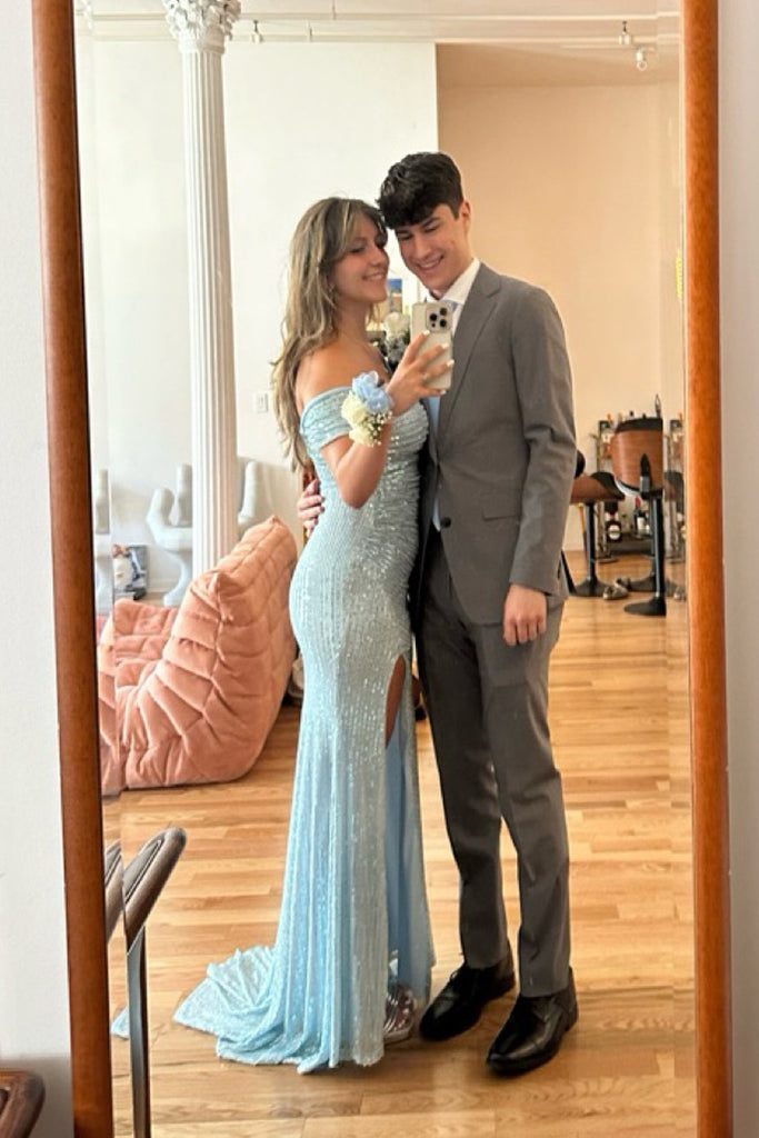 Elegant Blue Squins Mermaid Side Slit Long Evening Prom Dresses, Off Shoulder Prom Dress, MR0251