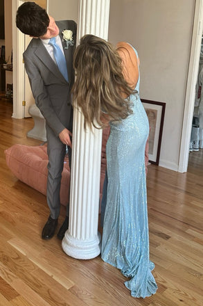 Elegant Blue Squins Mermaid Side Slit Long Evening Prom Dresses, Off Shoulder Prom Dress, MR0251