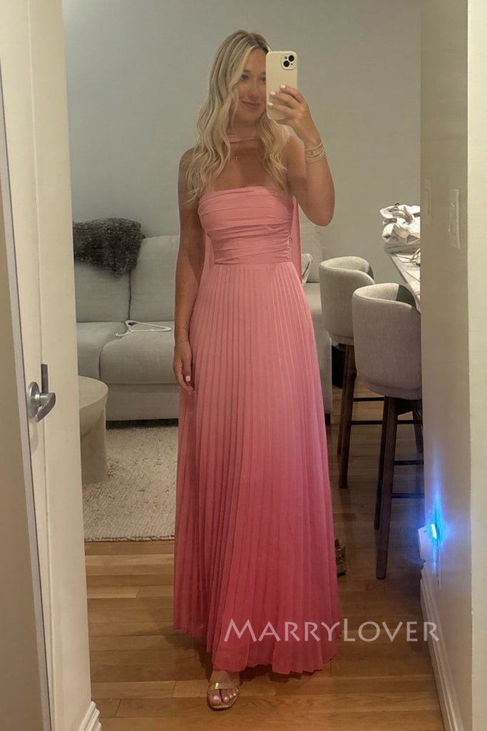 Unique Pink Chiffon Strapless A-line Long Evening Prom Dresses, MR0255