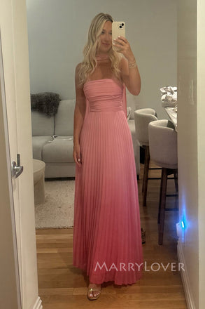 Unique Pink Chiffon Strapless A-line Long Evening Prom Dresses, MR0255