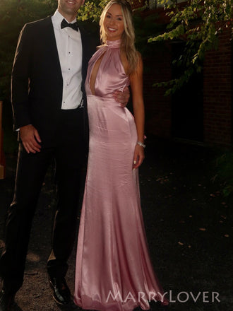 Halter Pink Silk Mermaid  Long Evening Prom Dresses, MR0256