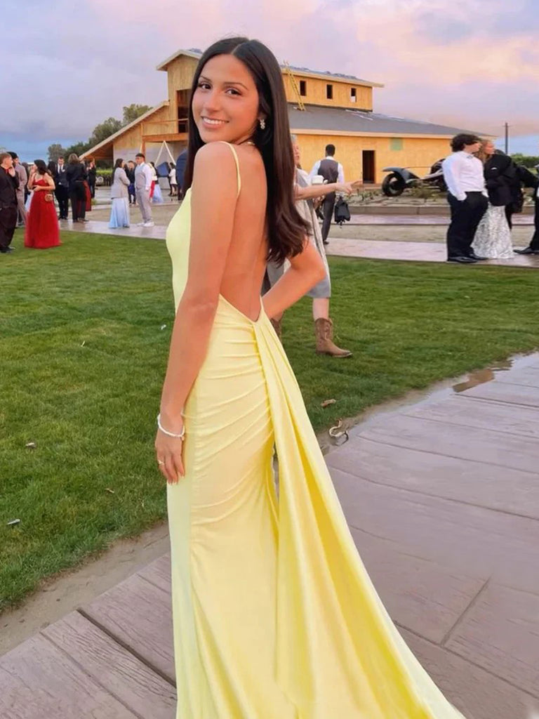 Backless Yellow Spaghetti Straps Mermaid Long Evening Prom Dresses, MR0259