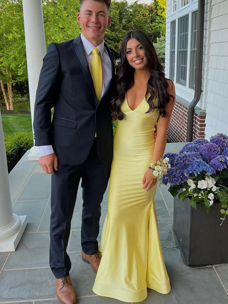 Formal Yellow Mermaid Backless Long Evening Prom Dresses, V-neck Prom Dress, MR0260