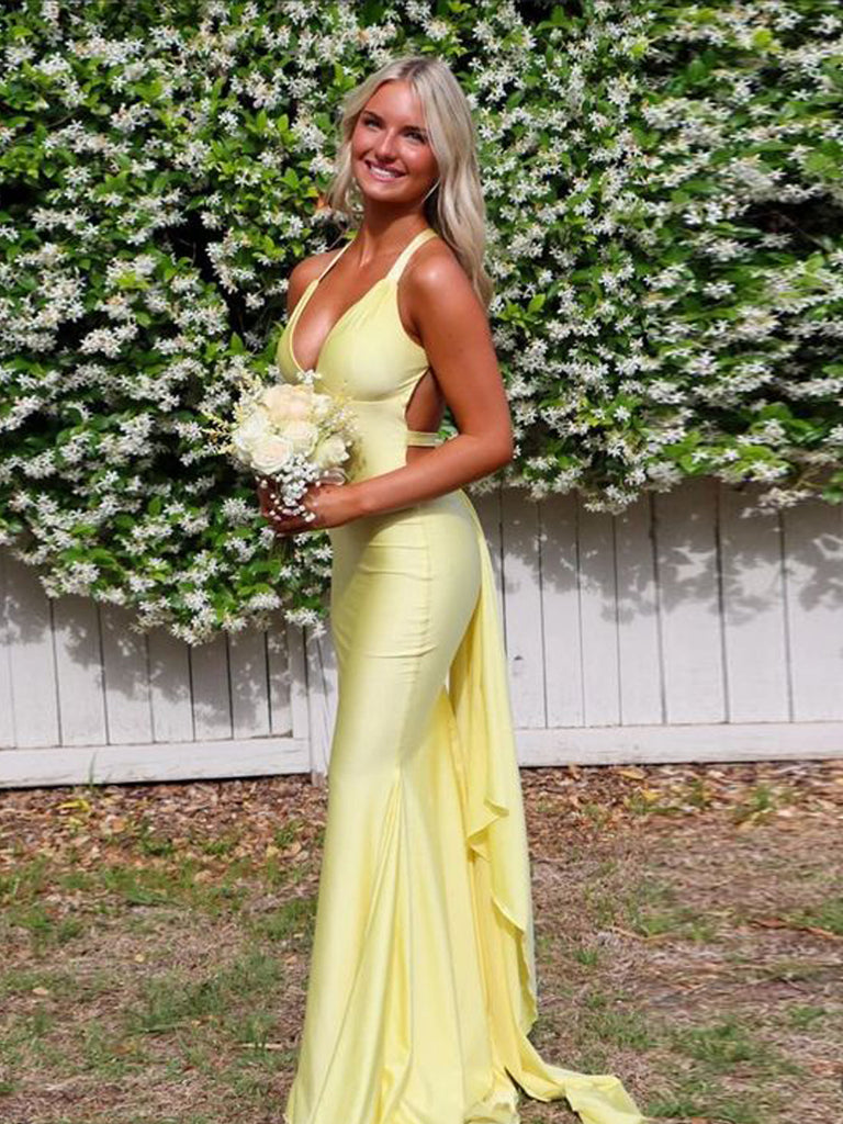Popular Yellow V-neck Mermaid Long Evening Prom Dresses, Backless Prom Dress, MR0261
