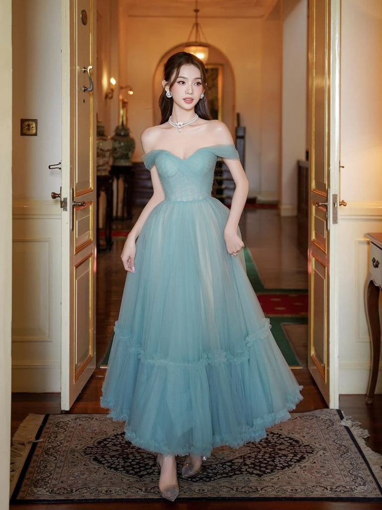 Morden Dusty Blue Tulle Off Shoulder Long Evening Prom Dresses, A-line Prom Dress, MR0269