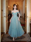 Morden Dusty Blue Tulle Off Shoulder Long Evening Prom Dresses, A-line Prom Dress, MR0269