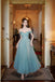 Morden Dusty Blue Tulle Off Shoulder Long Evening Prom Dresses, A-line Prom Dress, MR0269