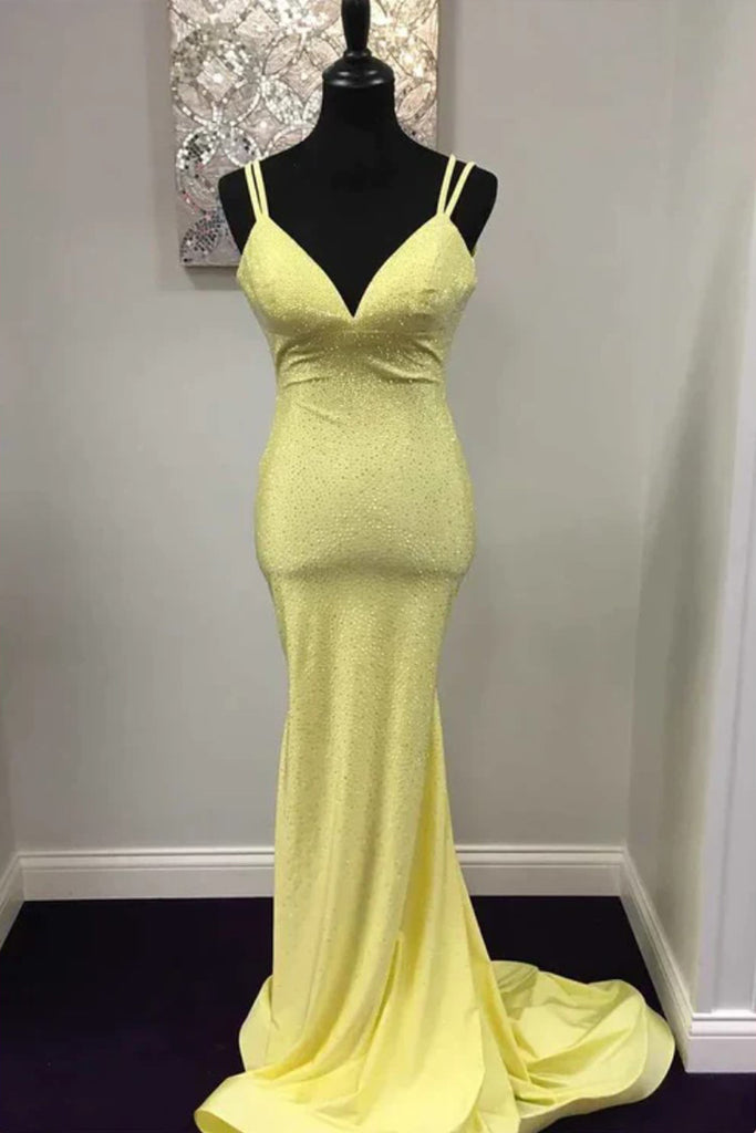 Lovely Yellow Mermaid Backless V-neck Long Evening Prom Dresses, MR0270