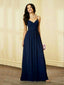 Simple Navy Blue Chiffon Spaghetti Straps V-neck Long Evening Prom Dresses A-line, MR0272