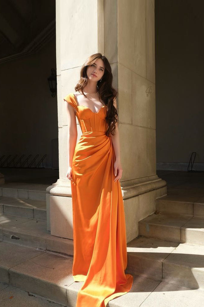 Elegant Orange Satin Mermaid Long Evening Prom Dresses, MR0273