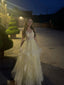 Floor-length Light Yellow Tulle Appliques Long Evening Prom Dresses, A-line V-neck Prom Dress, MR0276