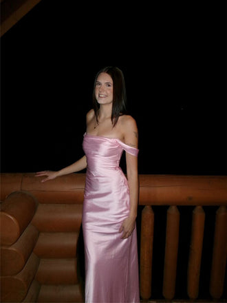 Gorgeous Pink Satin Mermaid Off Shoulder Long Evening Prom Dresses, MR0277