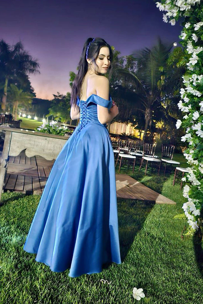 Formal Off Shoulder Blue Satin A-line Long Evening Prom Dresses, MR0279