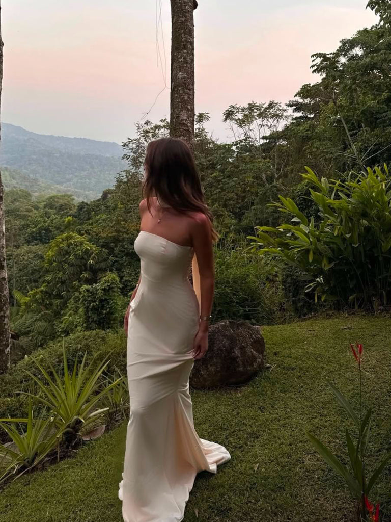 Sheath Ivory Mermaid Strapless Long Evening Prom Dresses, MR0280