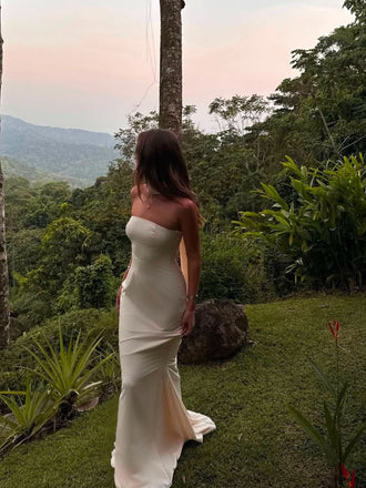 Sheath Ivory Mermaid Strapless Long Evening Prom Dresses, MR0280