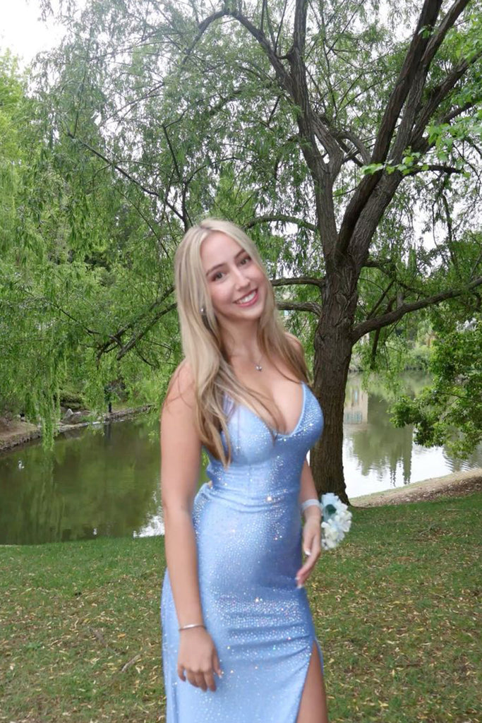 Gorgeous Sparkly Mermaid V-neck Long Evening Prom Dresses, Spaghetti Straps Backless Prom Dress, MR0281