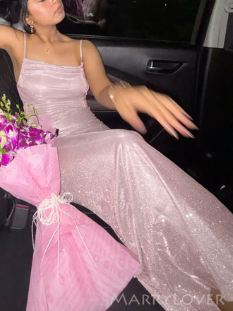 Pink Sparkly Mermaid Spaghetti Straps Long Evening Prom Dresses, Backless Prom Dress, MR0286
