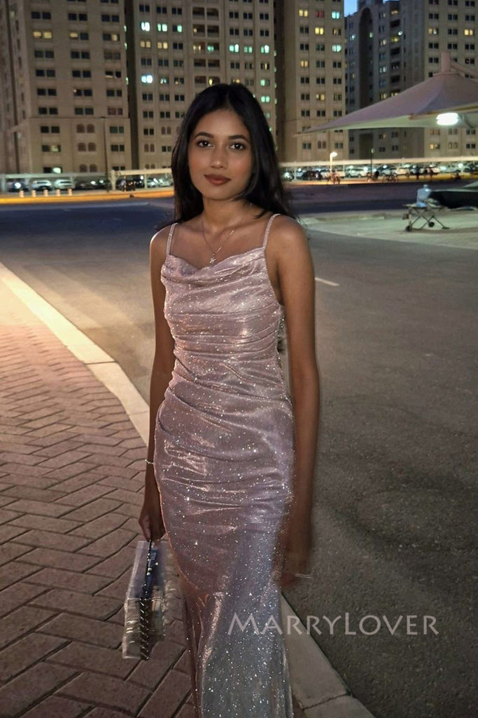 Pink Sparkly Mermaid Spaghetti Straps Long Evening Prom Dresses, Backless Prom Dress, MR0286