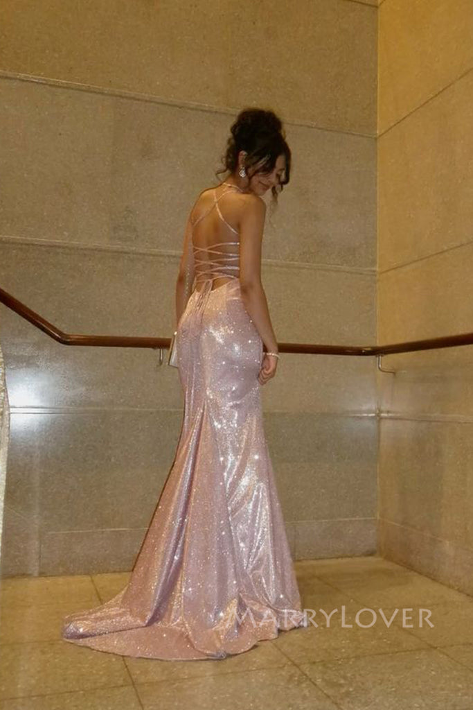 Pink Sparkly Mermaid Spaghetti Straps Long Evening Prom Dresses, Backless Prom Dress, MR0286