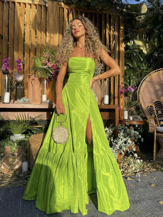 Floor-length A-line Strapless Green Long Evening Prom Dresses, MR0287