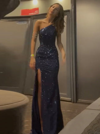 One Shoulder Navy Blue Sparkly Mermaid Long Evening Prom Dresses, Side Slit Prom Dress, MR0289