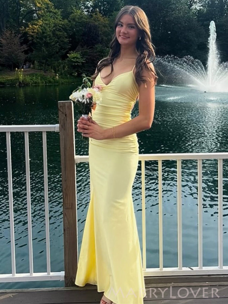 Spaghetti Straps Yellow Mermaid V-neck Long Evening Prom Dresses, MR0295