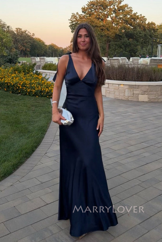 V-neck Navy Blue Satin Mermaid Long Evening Prom Dresses, MR0296