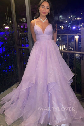 Gorgeous Purple Sparkly A-line Long Evening Prom Dresses, V-neck Prom Dress, MR0301